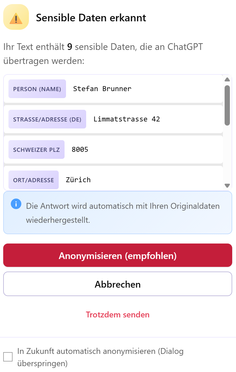 Anonymisierungsfunktion bei ChatGPT von Promptspace.ch